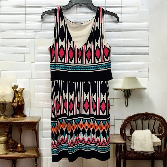 ELIZA J Geometric Print Shift Dress, Navy Multi, Size 4 NWOT - Picture 1 of 10